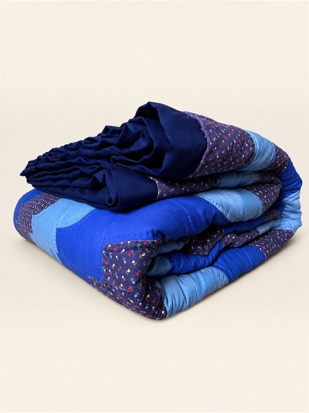 Vintage Hand Pieced Hand Quilted Bargello Queen Quilt Blue Reversible 86x100
